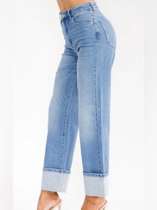 A318. Light Blue Wide Leg Rhinestone Cuffed Jeans - Picture 4 of 4